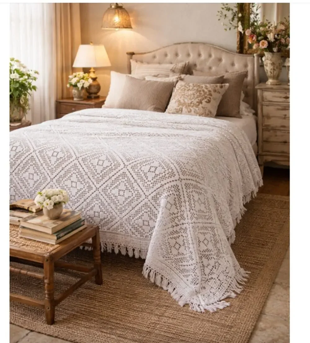 Queen Vintage Crocheted Coverlet with Fringe 88